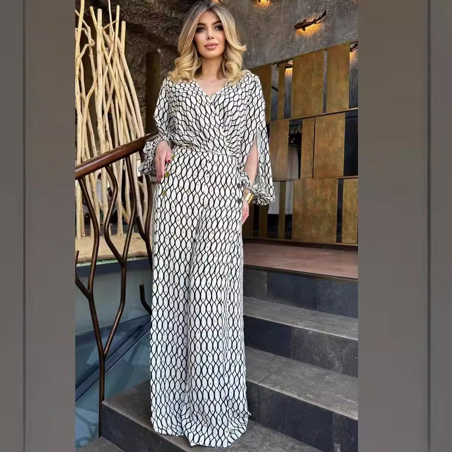 Women's Fashion Printed Loose Long Sleeve Top High Waisted Wide Leg Pants Two Piece Set 3