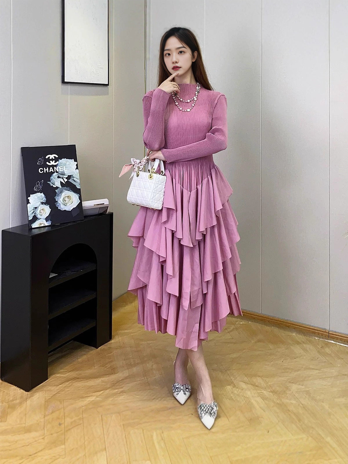 Plus Size Fashion Flounce Chic Slim Waist Elegant Solid Cascading Ruffles Dress 10