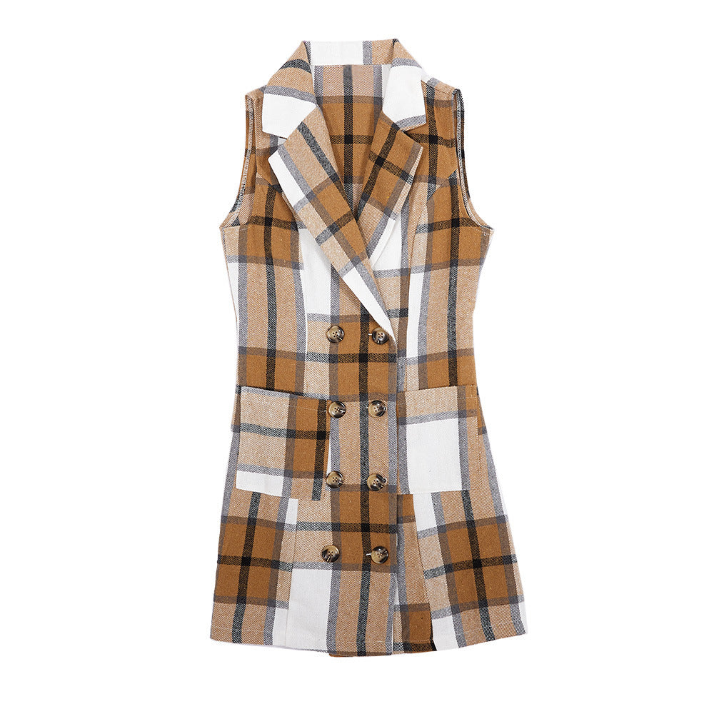 Women's Fashion Plaid Long Vest Turndown Collar Sleeveless Blazer 11