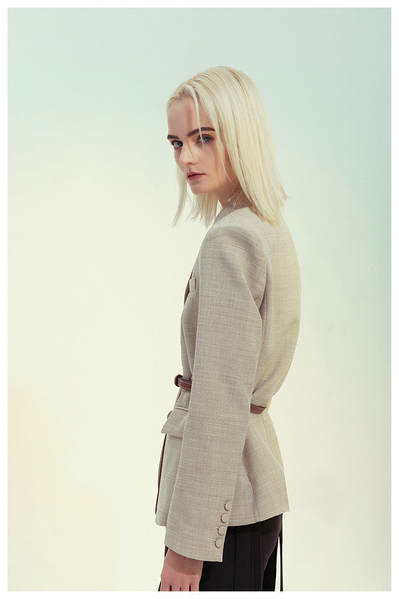 Fashion Leather Belt Patchwork Blazer Jacket