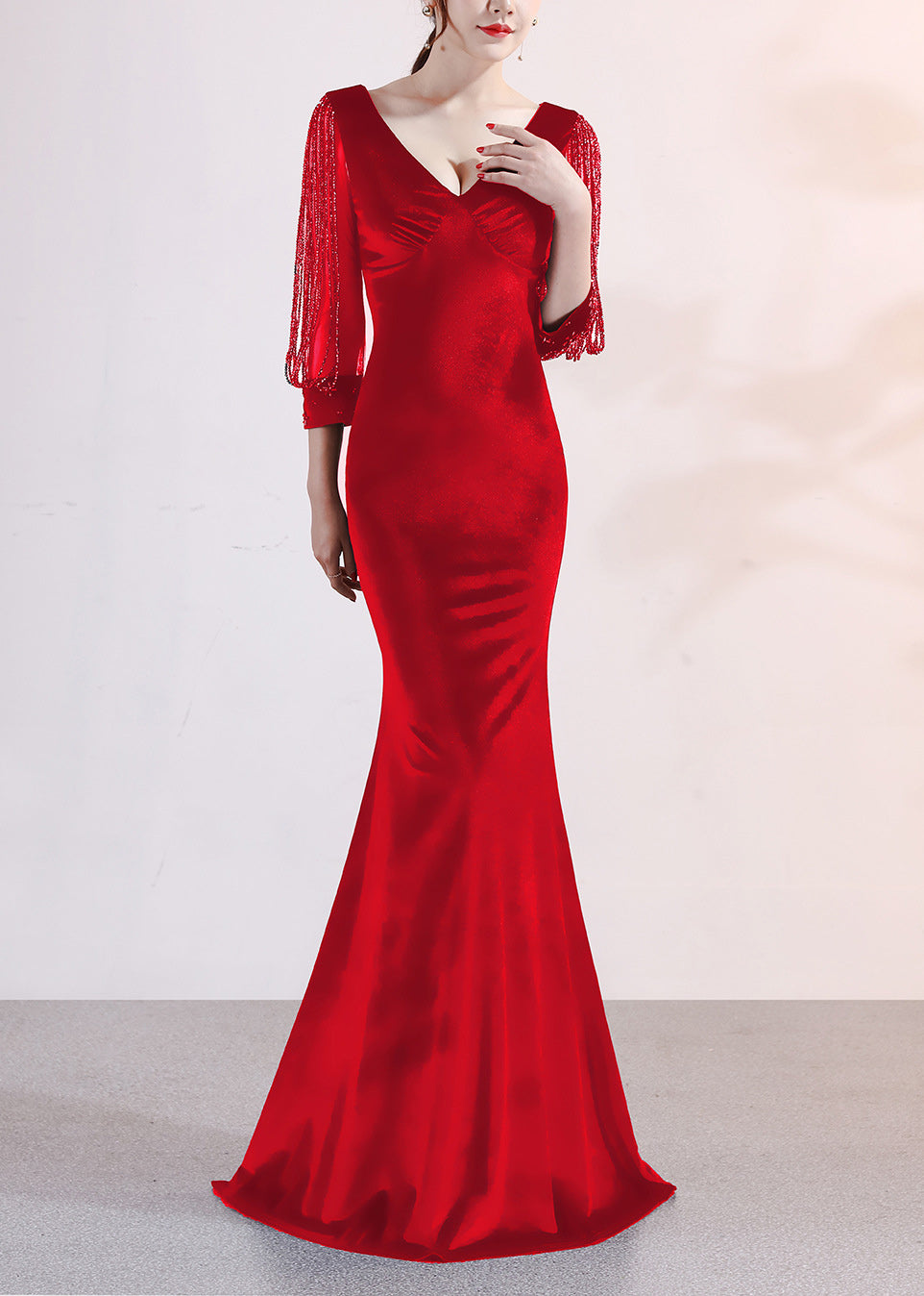 sexy velvet crystal diamond chain bride clothing winter long-sleeved mermaid long evening dress