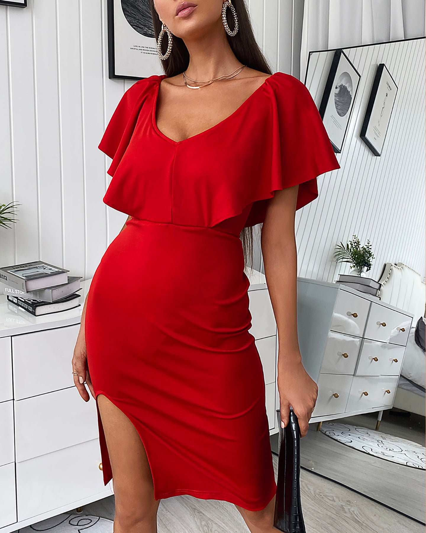 Women Red V-neck Slit Dress 6