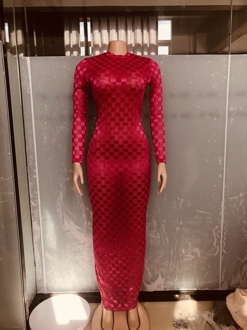 Women's Fashion Mesh Round Neck Slim Fit Long Dress 30