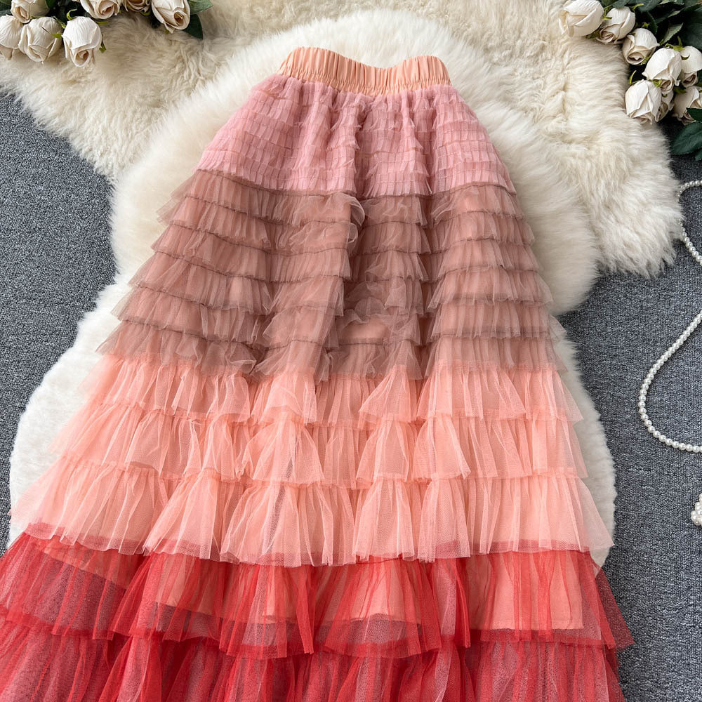 Women  Irregular Gradient Cascading Ruffles Puffy Mesh Skirt 21