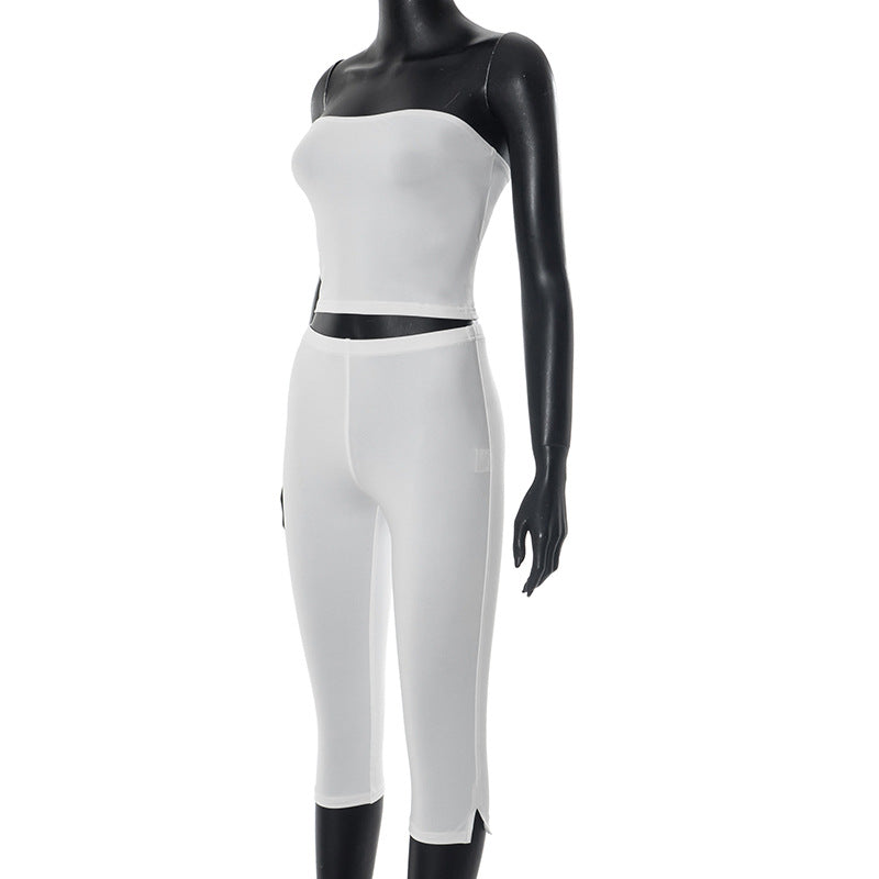 Women's spring and summer solid color Strapless Crop Top elastic waist seven-quarter split pants set 9