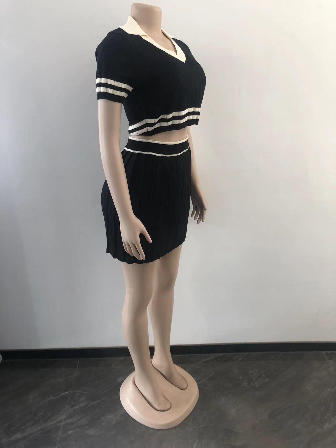 Women's Knitting Sports Pleated Skirt Cropped Short Sleeve Top Two Piece Set 13