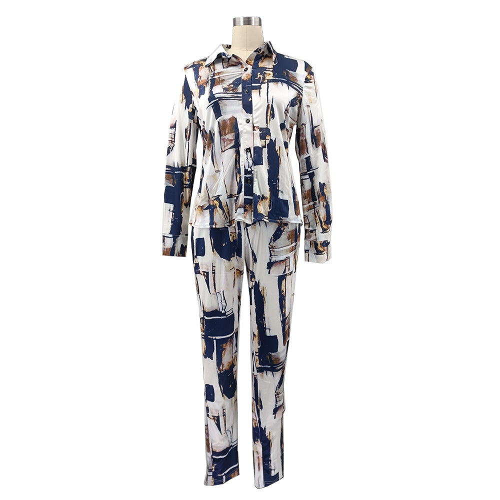 Glossy Irregular Printed Women's Shirt Pencil Pants Two Piece Set 13