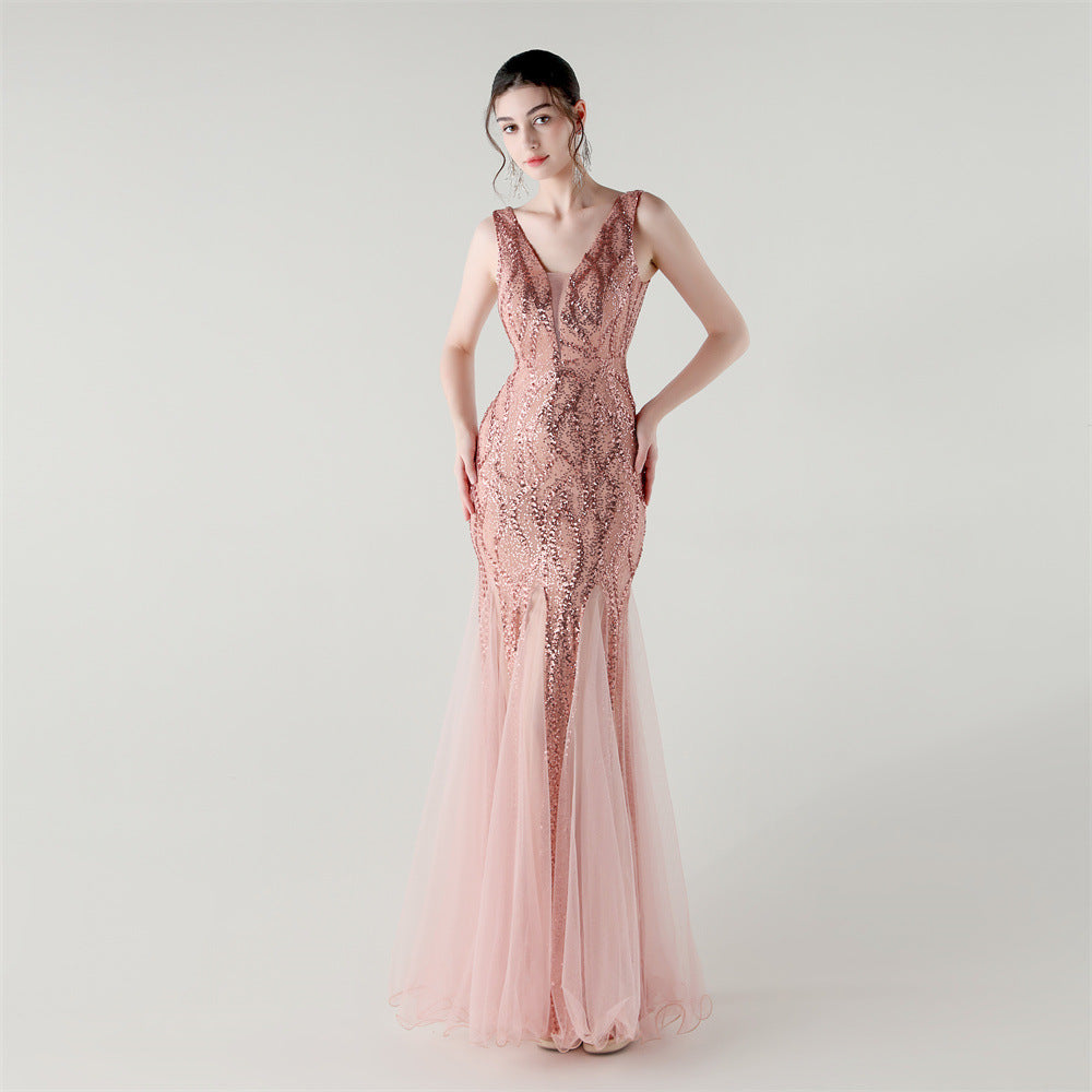Deep V Neck Sequin Mesh Patchwork Fishtail Evening Dress for Formal Occasions 11