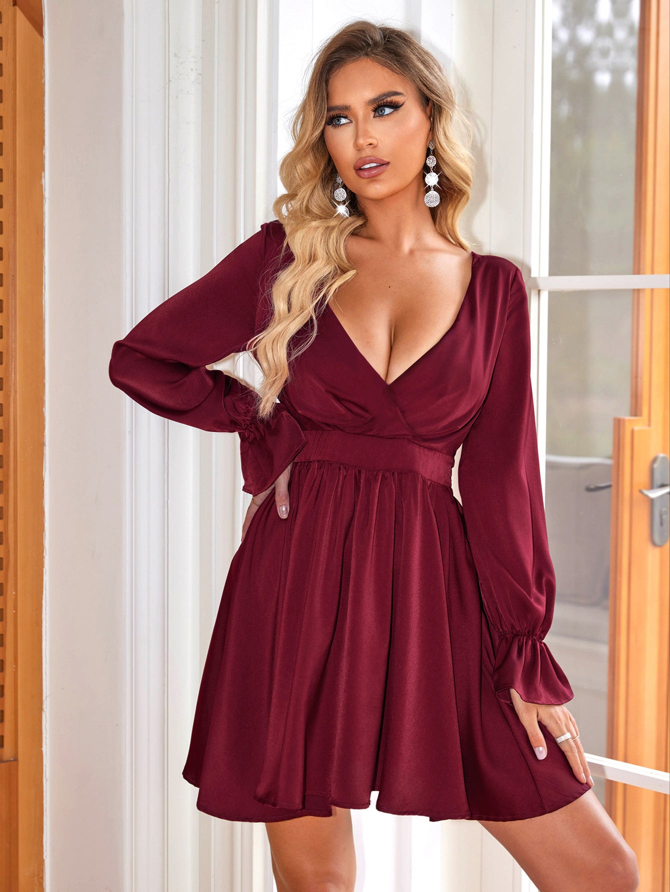 Women's Deep V Neck Long Sleeve Low Back Casual Dress 3
