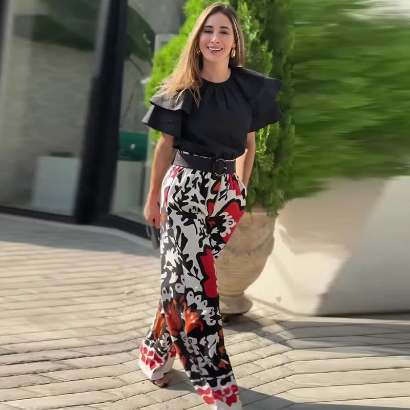 Summer ruffled Round Neck top fashion printed trousers Casual set 3
