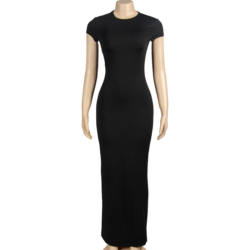 Women Solid Round Neck Short Sleeve Bodycon Dress 12