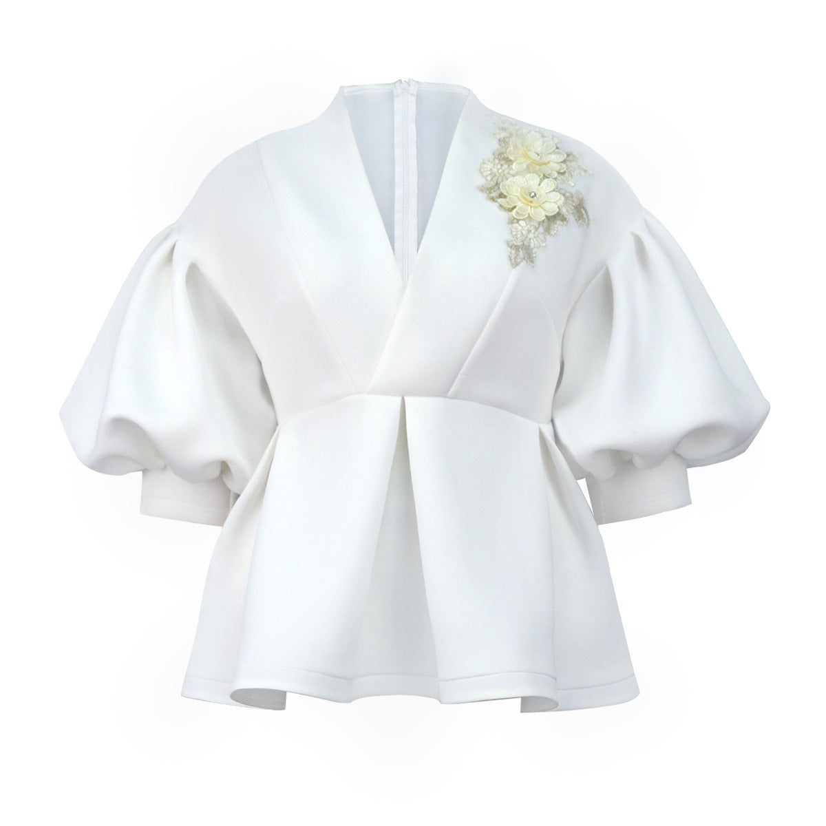 Plus Size Women Balloon Sleeves Turndown Collar Embroidered Top 6