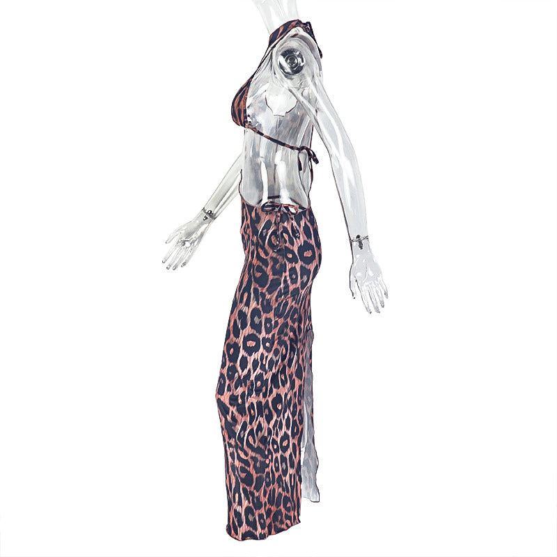Women Beach Holidays Leopard Print Lace Halter Neck Top and Long Skirt Two Piece Set 8