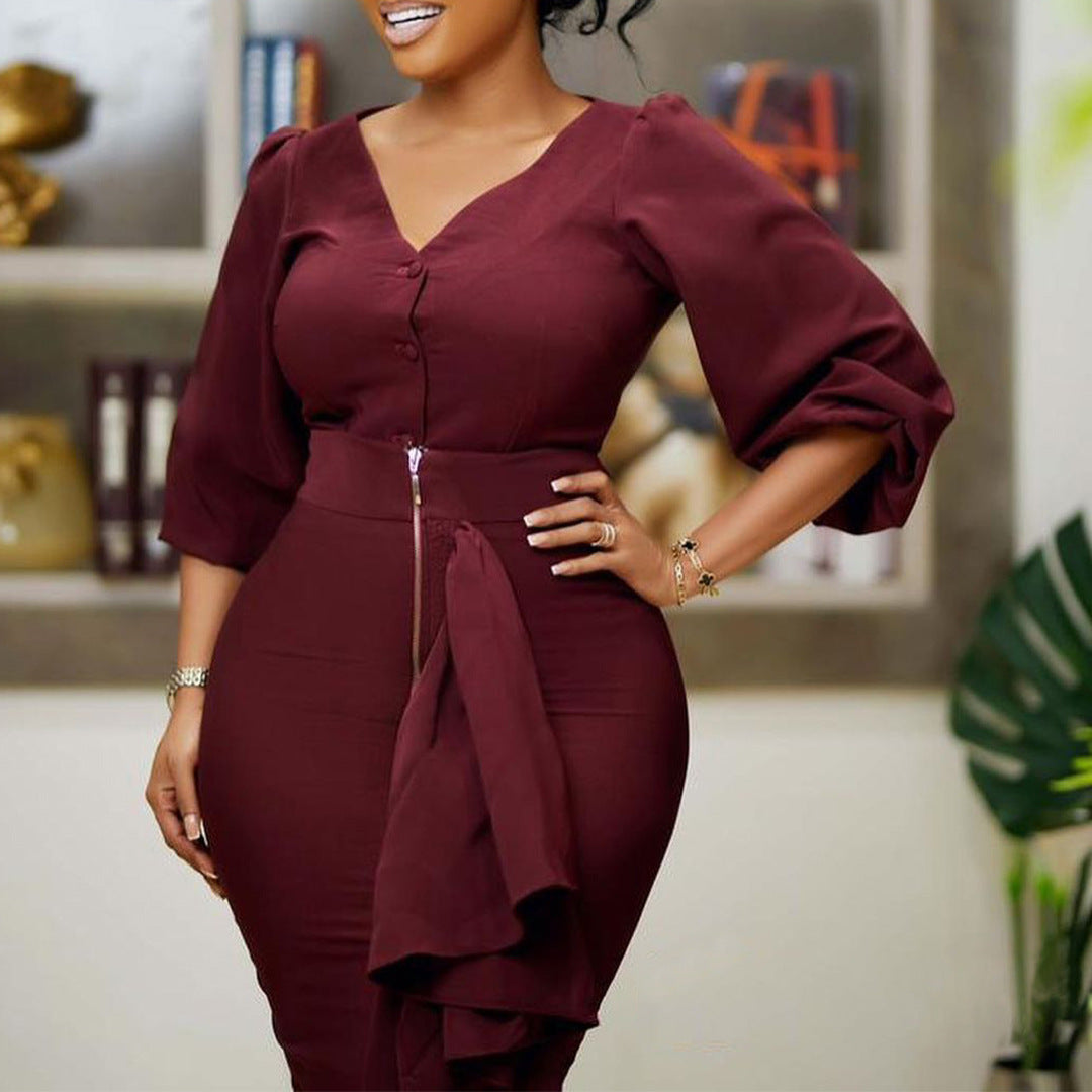 Plus Size Women'S Fall/Winter V-Neck Long Sleeve Top Bodycon Skirt Two Piece Set 5