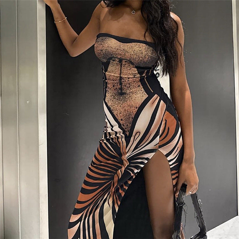 Women sexy Strapless Backless Print Maxi Dress 14