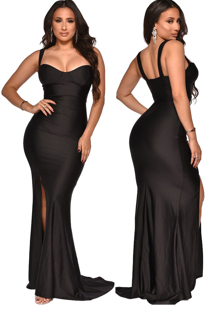 Women Summer Black Modest Strap Sleeveless Solid Silt Evening Dress