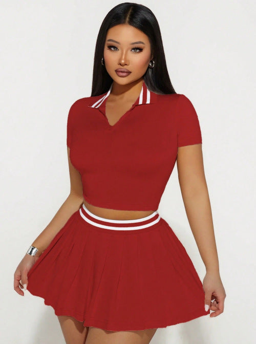 Women's Summer Skirt & Turndown Collar Short-Sleeve Top Two-Piece Set 14