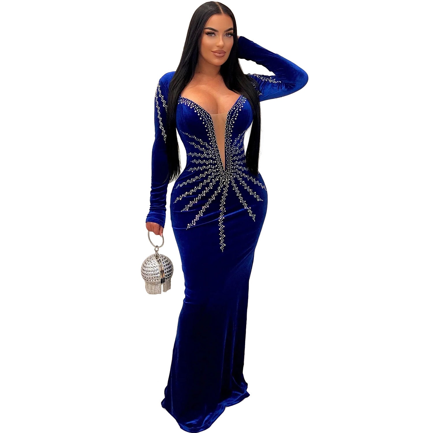 Women Sexy Party Long Sleeve Beaded Fishtail Dress 11