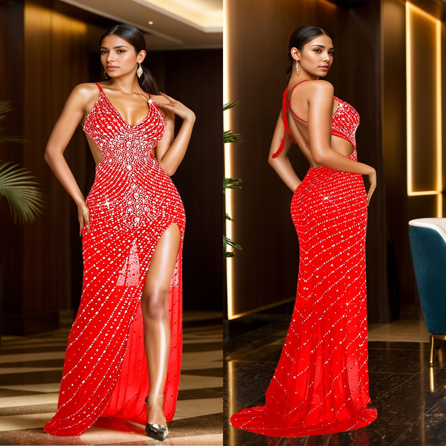 Fashion Women's Beaded V-Neck Strap Backless Nightclub Long Dress 4