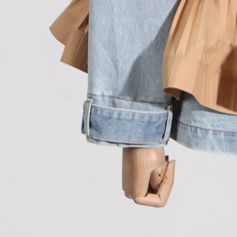 Women Fall Turndown Collar Contrast Color Ruffles Ruffle Lace-up Denim Jacket 6