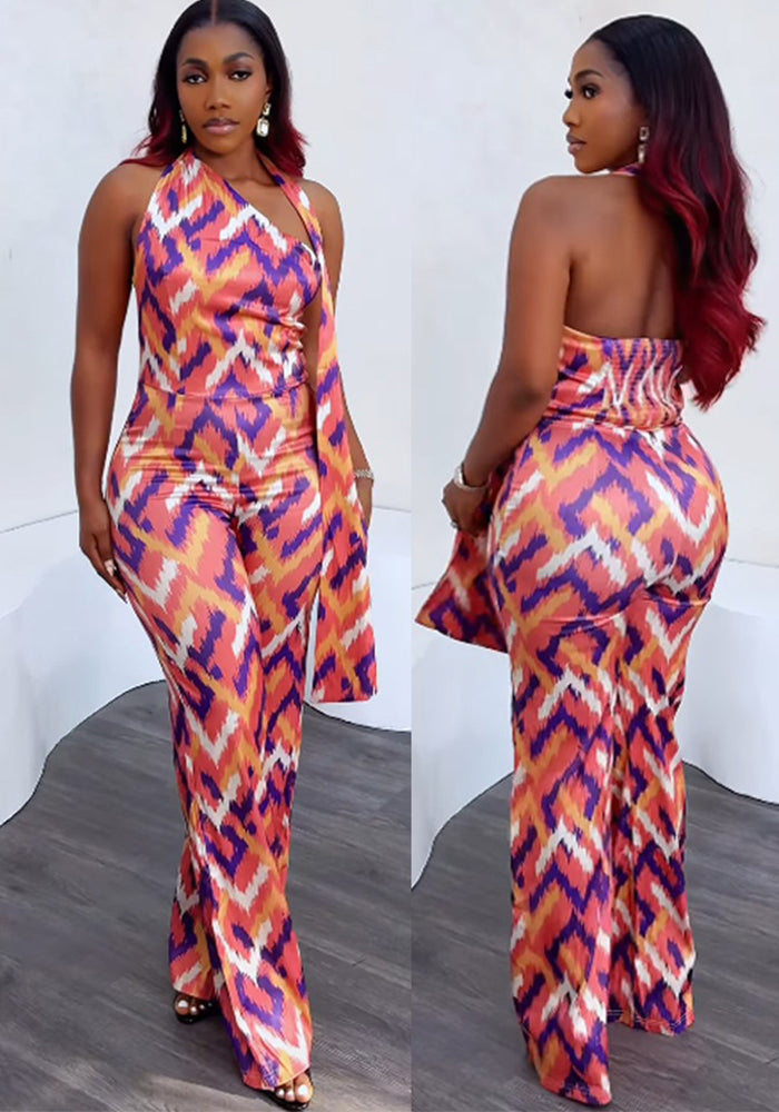 Elegant Printed Halter Wide-Leg Jumpsuit