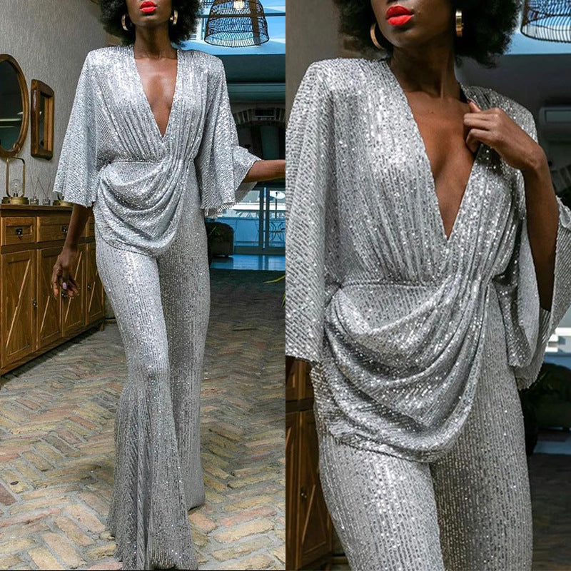 Women Sequin Sexy Deep V Backless Jumpsuit 3