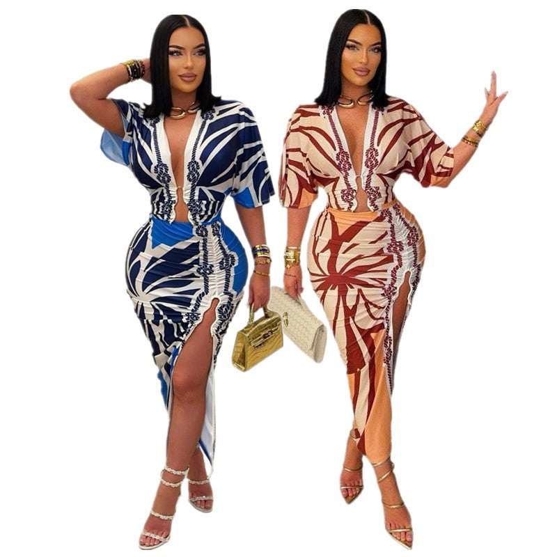 Women V Neck Short Sleeve Bodycon Print Dress 5