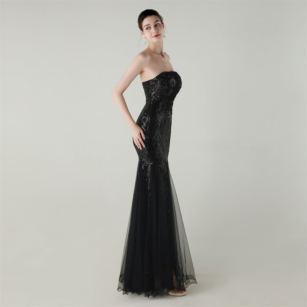 Women Strapless cross Lace-Up sequined tube flower sequined mesh evening dress Formal Party evening dress 60