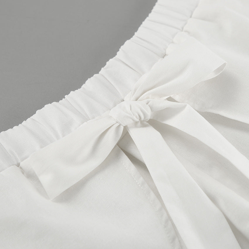 Women Spring and Summer Casual white sleeveless round neck vest lace-up shorts Two Piece Set 21