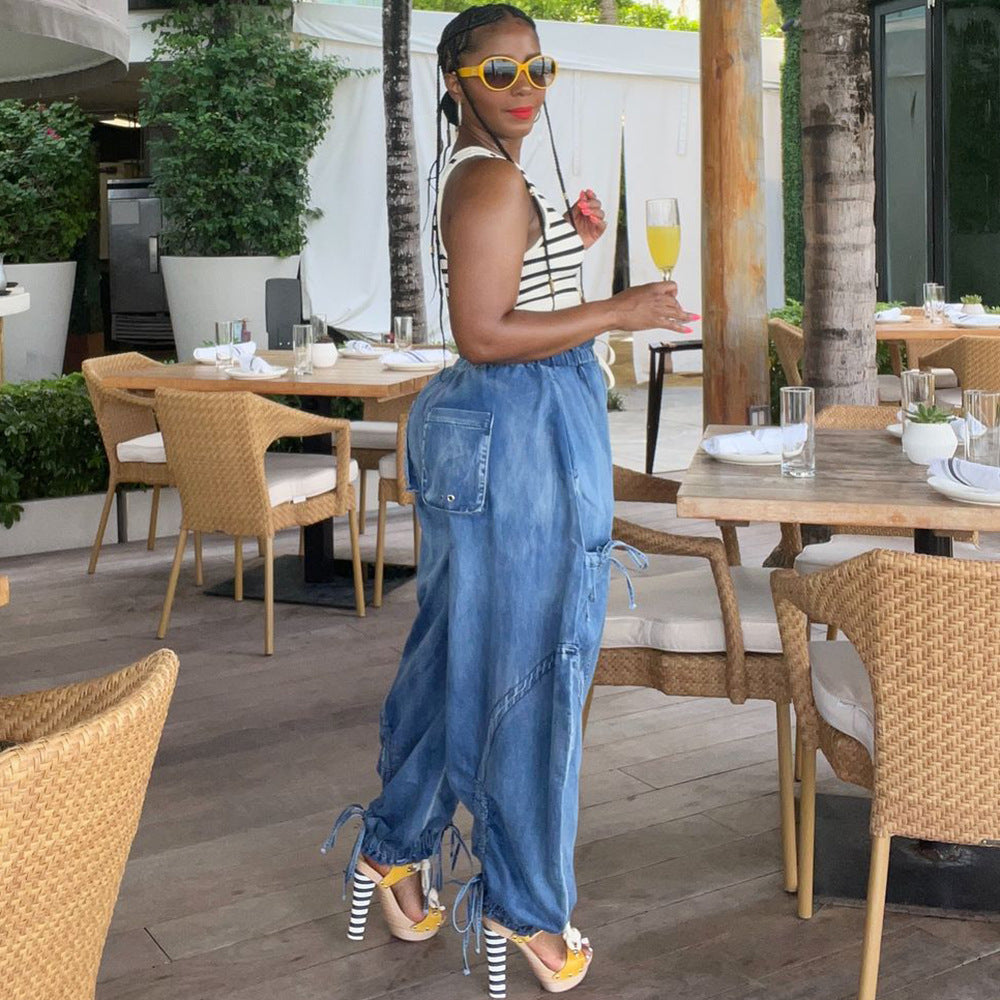 Women Casual Pleated Lace Elastic Waist Denim Harem Pants 5