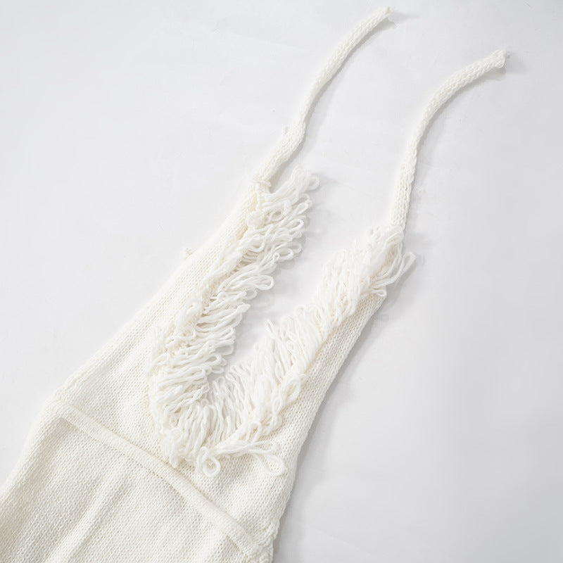 Women's Autumn Winter Tassel Deep V-Neck Halter Neck Lace-Up Low Back Bodycon Knitting Dress 7