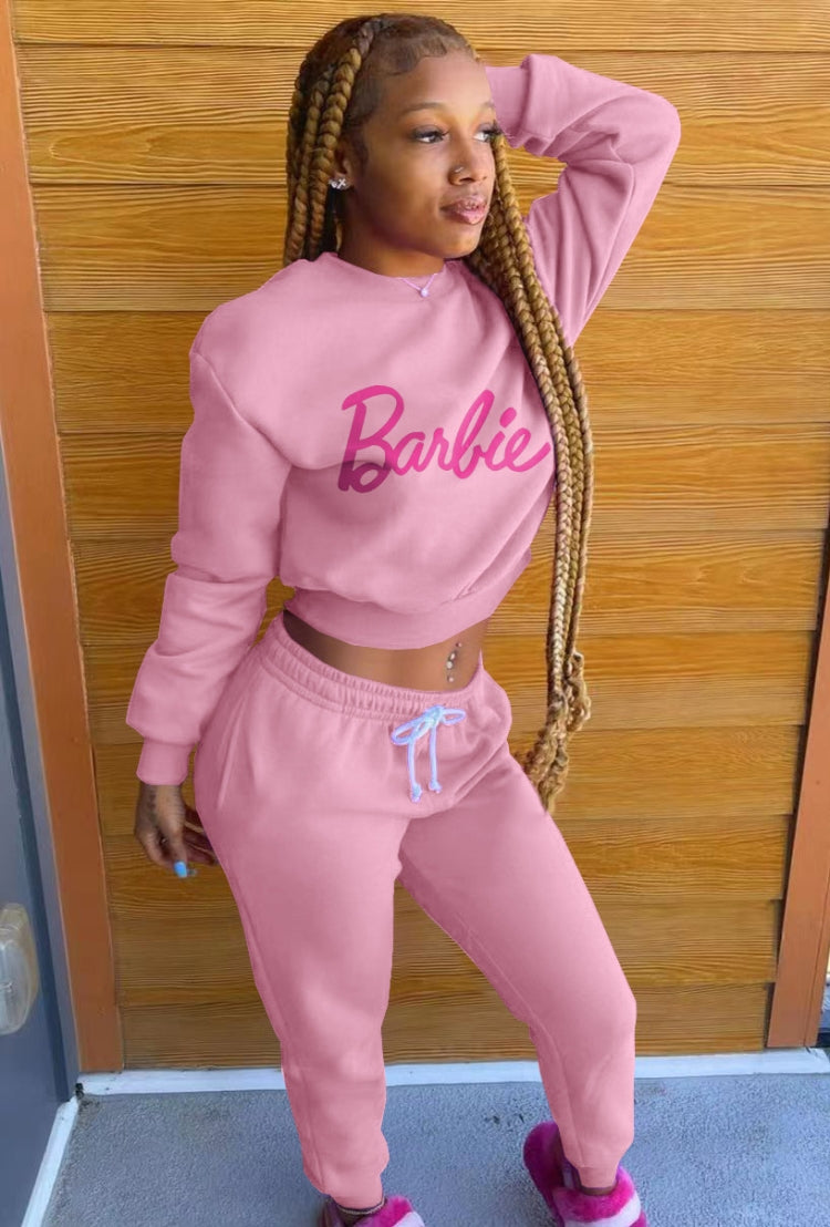 Winter Casual Letter Printed Pink Rouned Neck Long Sleeve Sweatshirt And Sweatpants Two Piece Wholesale Sportswear