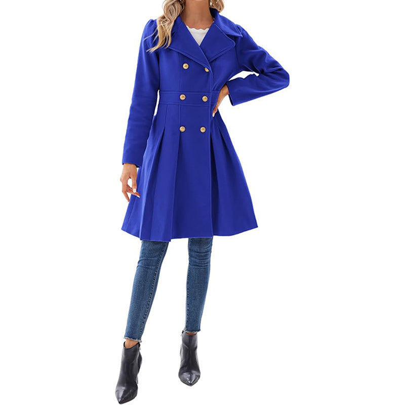 Women Fall and Winter Turndown Collar Double-Breasted Pocket Windbreaker 92