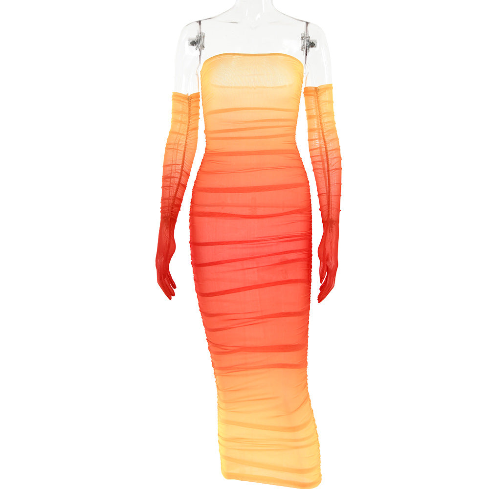 Women Mesh Gradient Off Shoulder Strapless Backless Dress 9