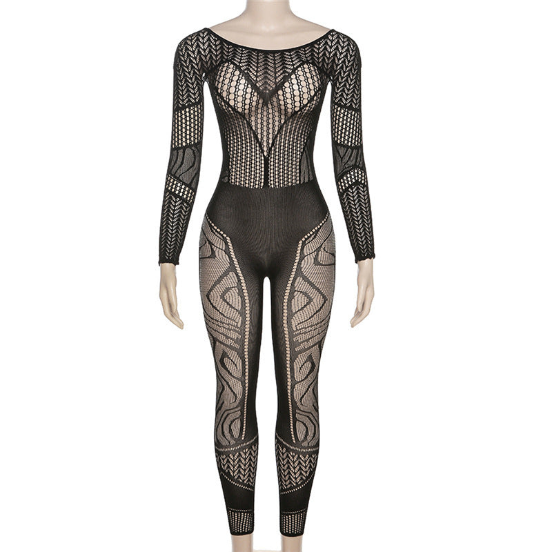 Spring Solid Round Neck Long Sleeve Sexy See-Through Mesh Jumpsuit 8