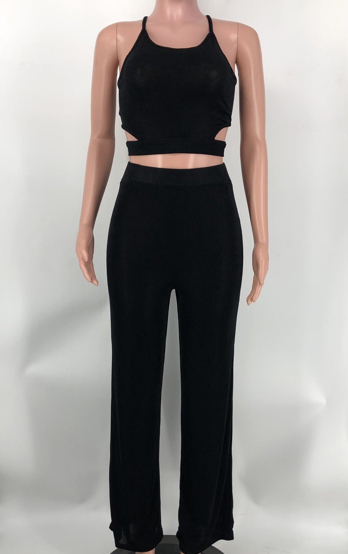 Women Halter Neck Crossover Crop Top andSolid Wide Leg Pants Two-Piece Set 26