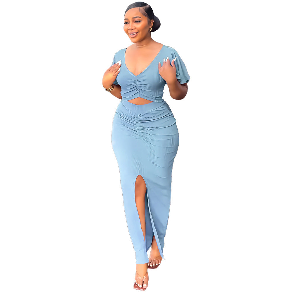 Women Ruffle Sleeve Crop V-Neck Top and Slit Bodycon Skirt Two-Piece Set 10