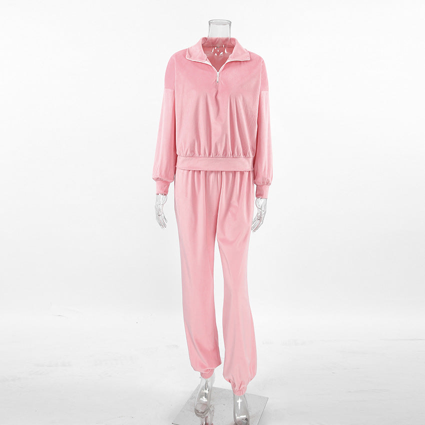 Pink Fashion Sports Suit Autumn Winter Zipper Turndown Collar Two-Piece Women Pants Set 6