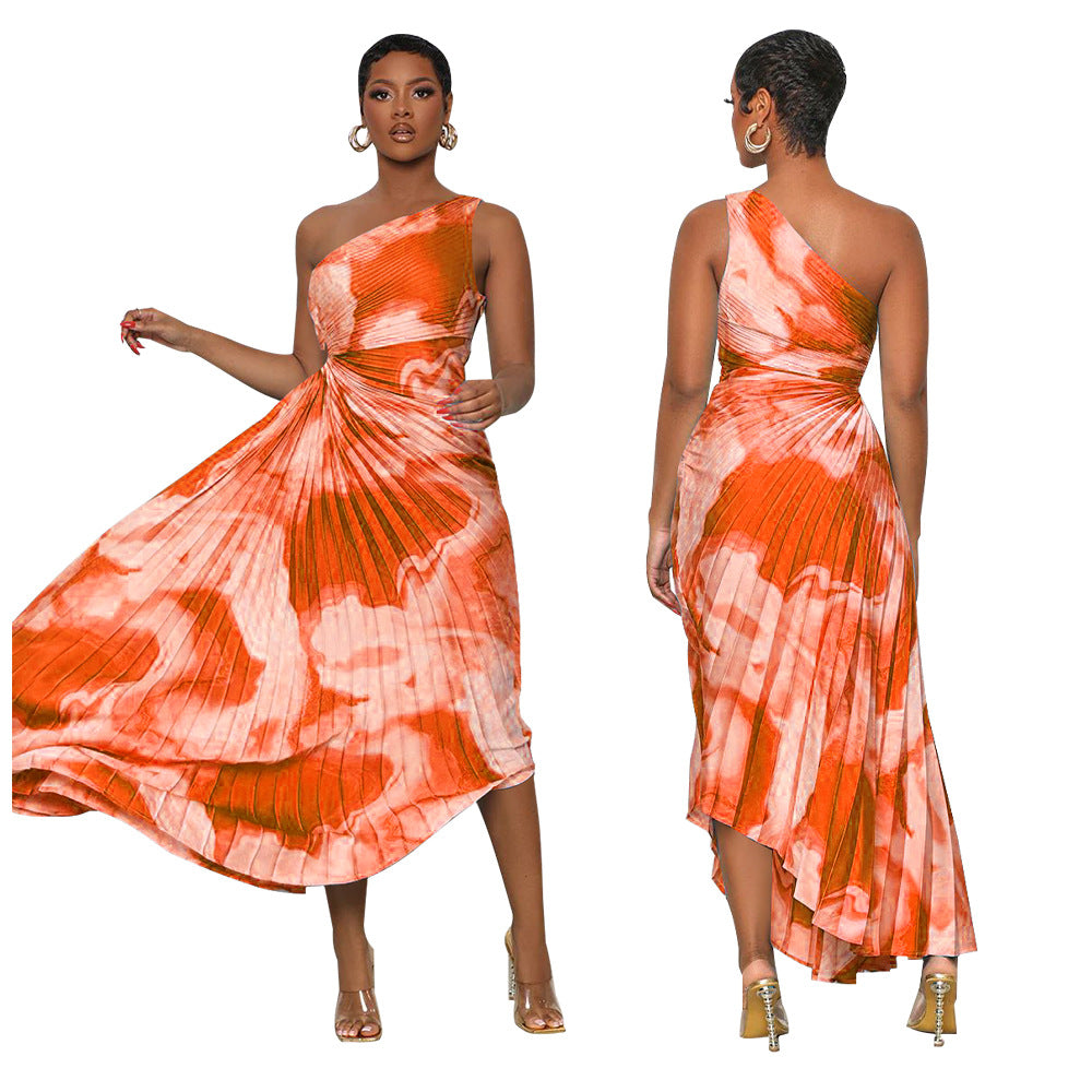 Women Slash Shoulder Sleeveless Pleated Maxi Dress 8