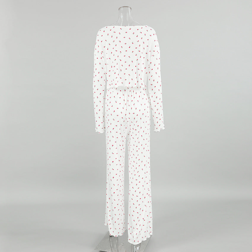 Women fall casual floral print long-sleeved top and pants Pajama set 9