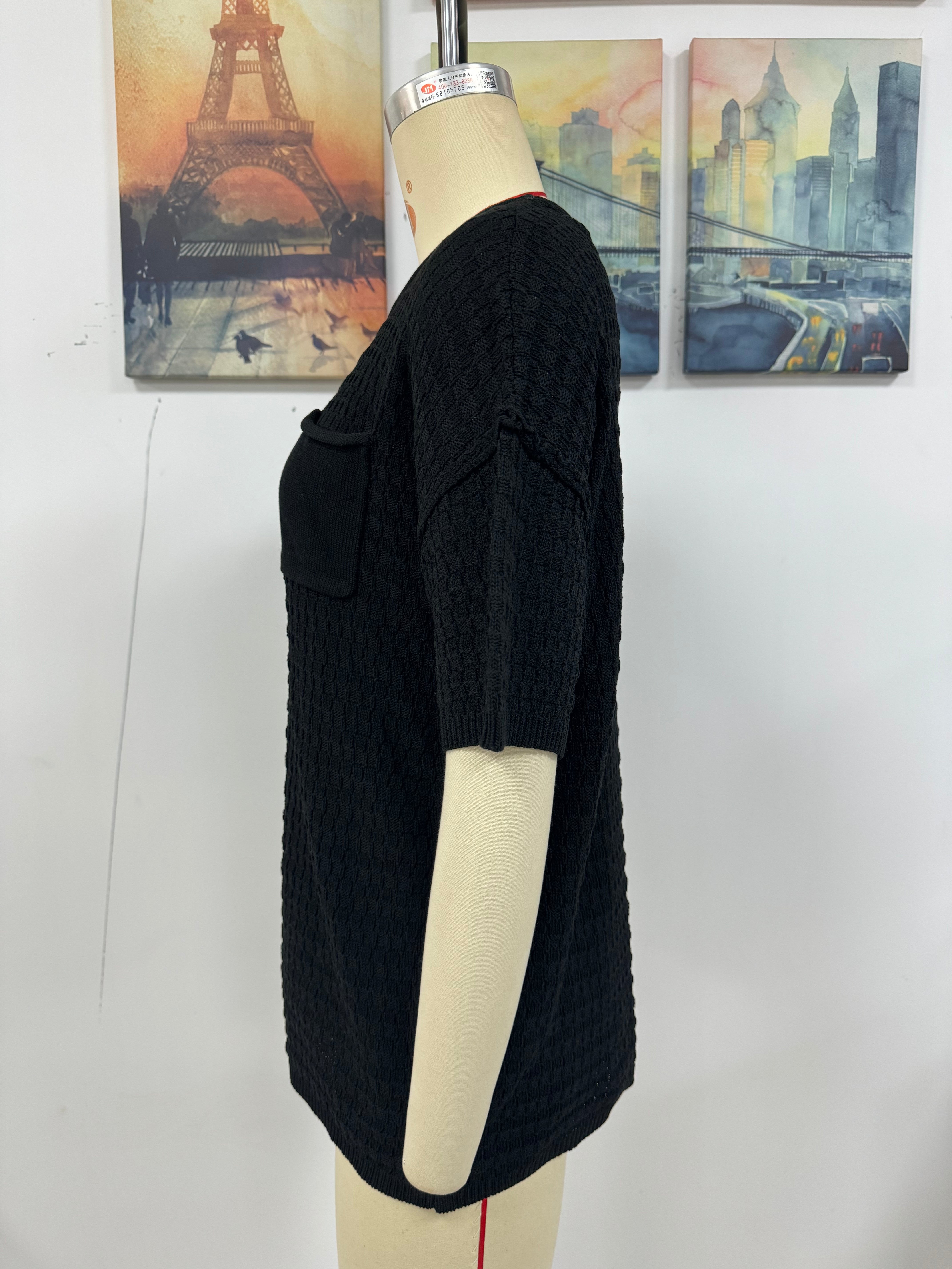 Women Spring and Summer Pocket Short Sleeve Solid knitting Blouse 13