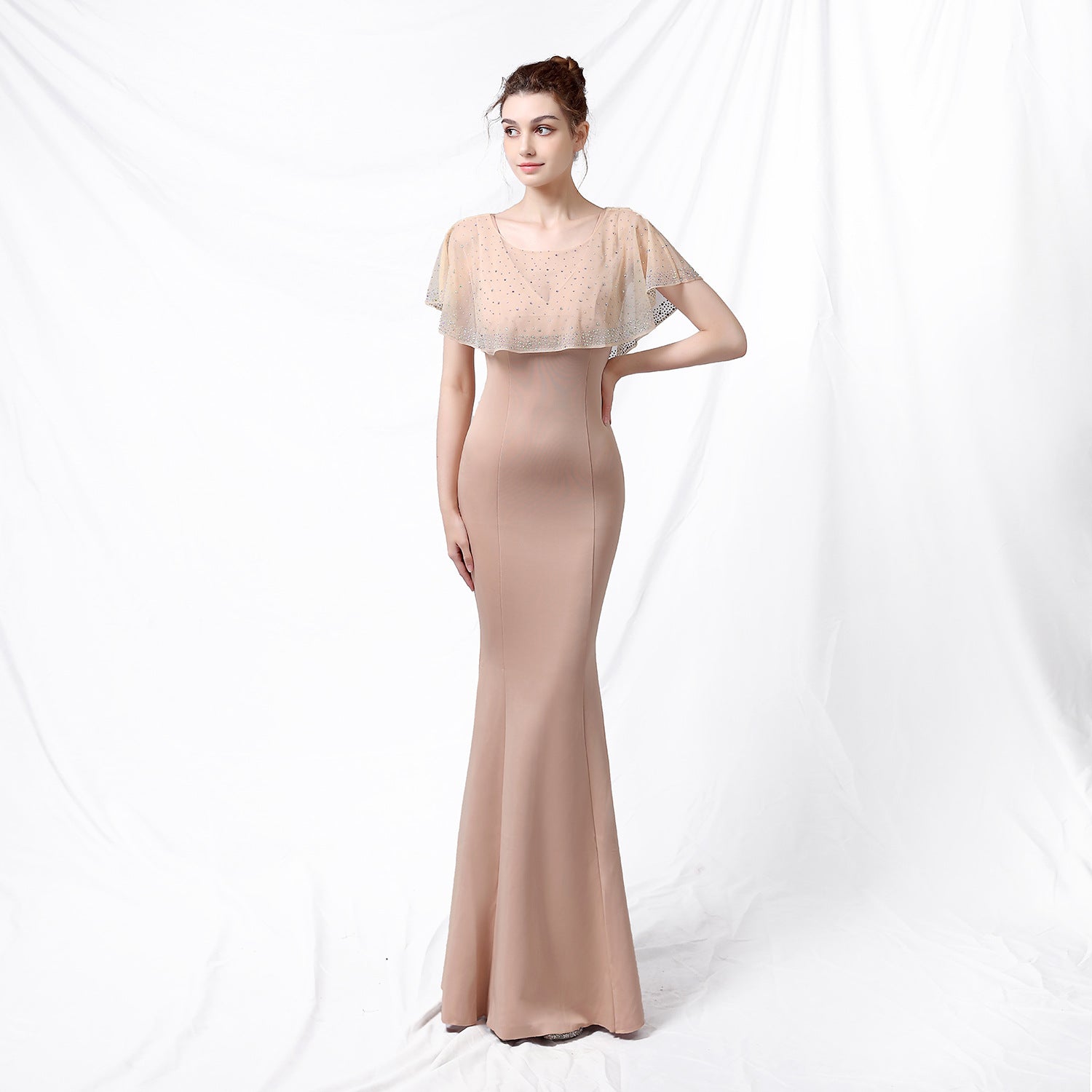 Bride Cape Solid Sleeveless V-Neck Long Mermaid Wedding Evening Dress Two Piece Set 5