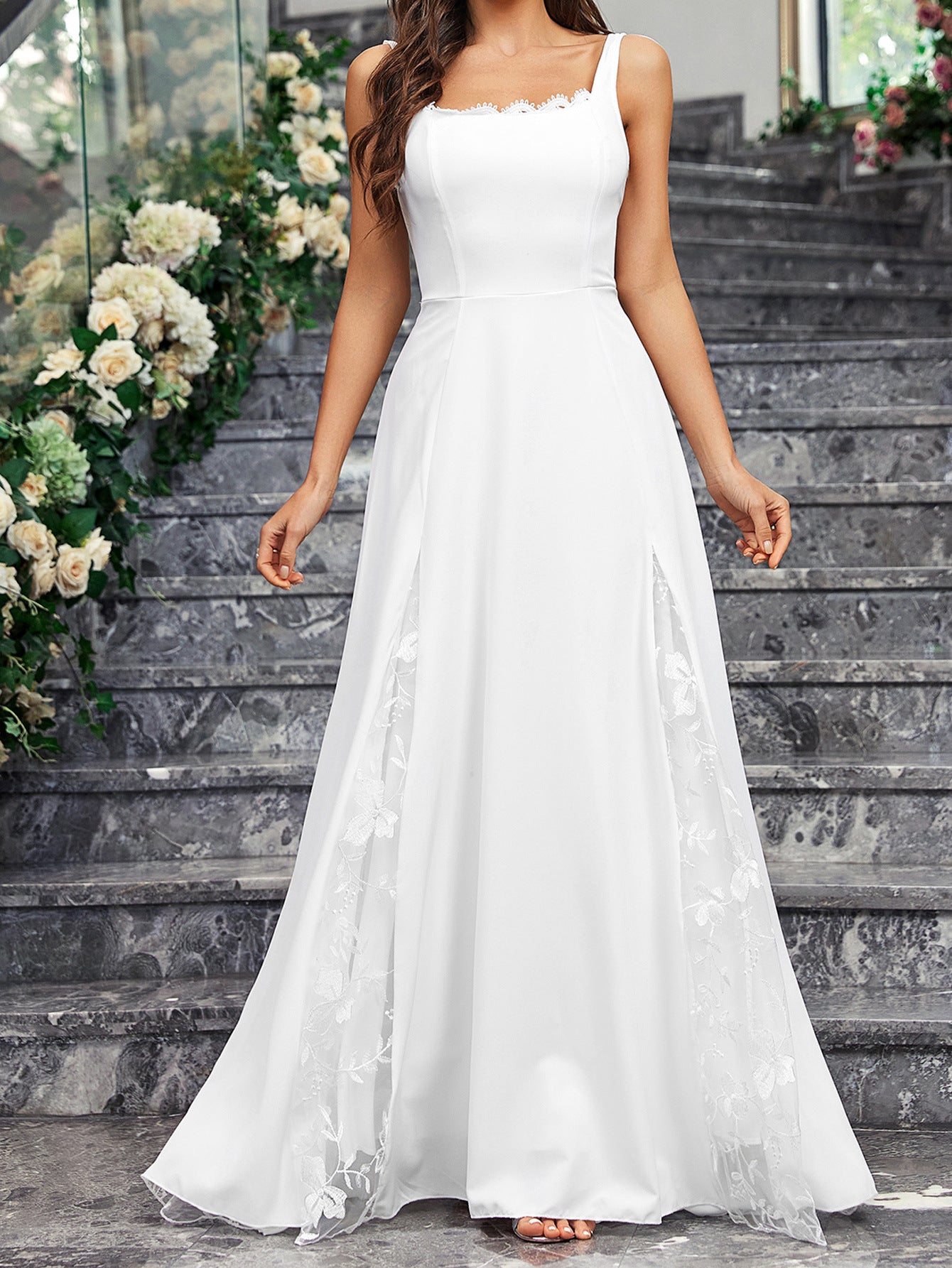 Summer Elegant Wedding Gown White Bridesmaid Dress Sleeveless Square Neck Large Swing Lace Dress