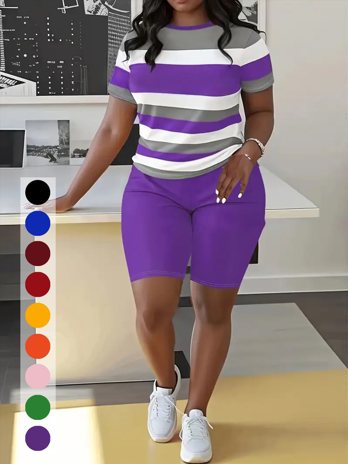 Women's Striped Print Short-Sleeve Sporty Two-Piece Shorts Set 3