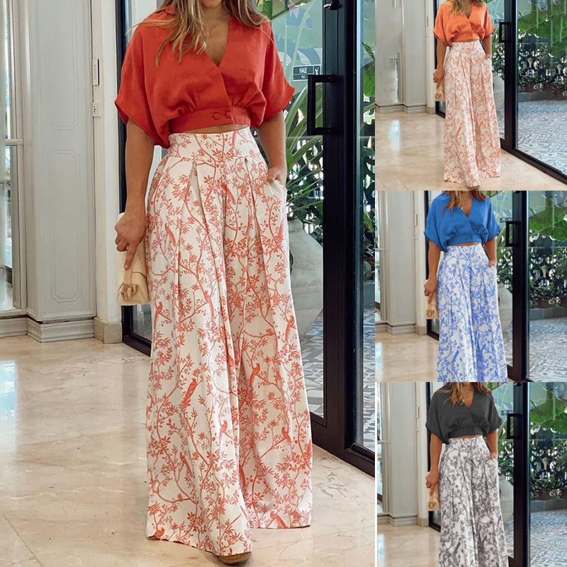 Women Clothes V-Neck Cropped Shirt Top Print Career Wide Leg Pants Two Piece Set