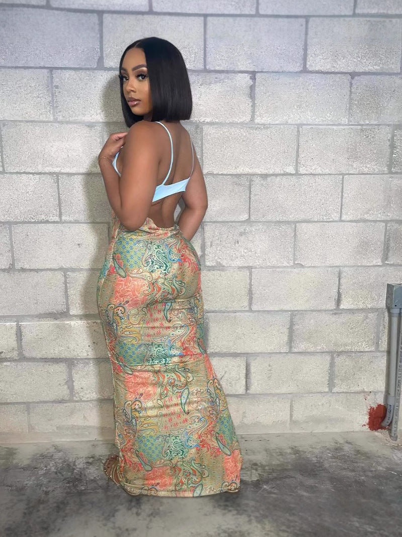 Summer women's sexy printed strap Low Back Slong dress 6