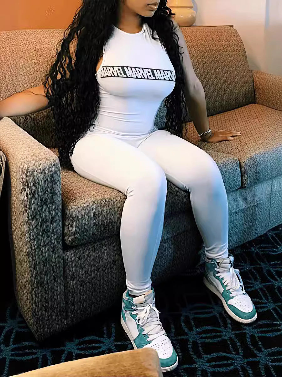 Women's Casual Sports Street Slim Letter Print Round Neck Sleeveless Jumpsuit 6
