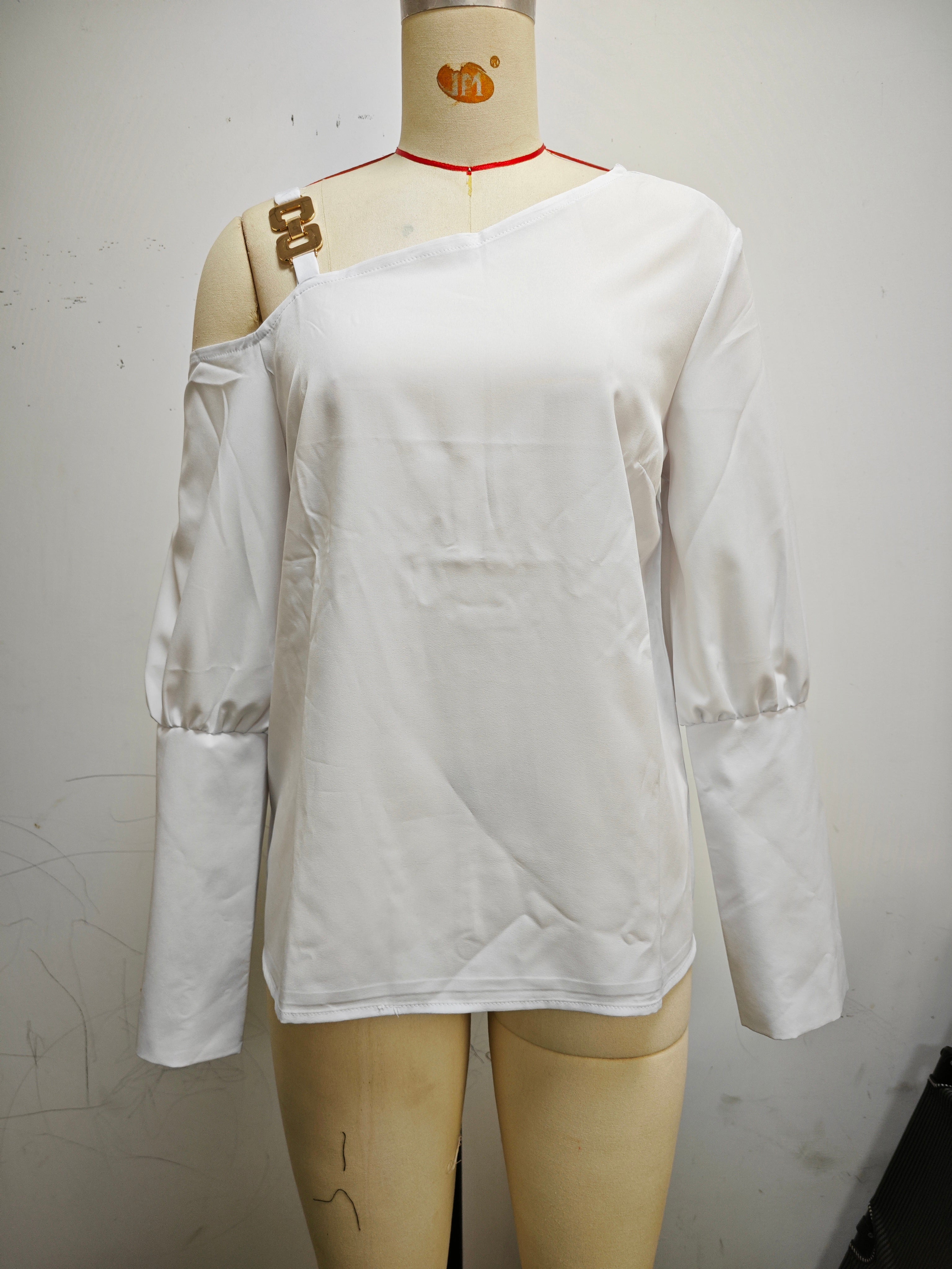 Women Solid Metal Button Slash Shoulder Button Top 11