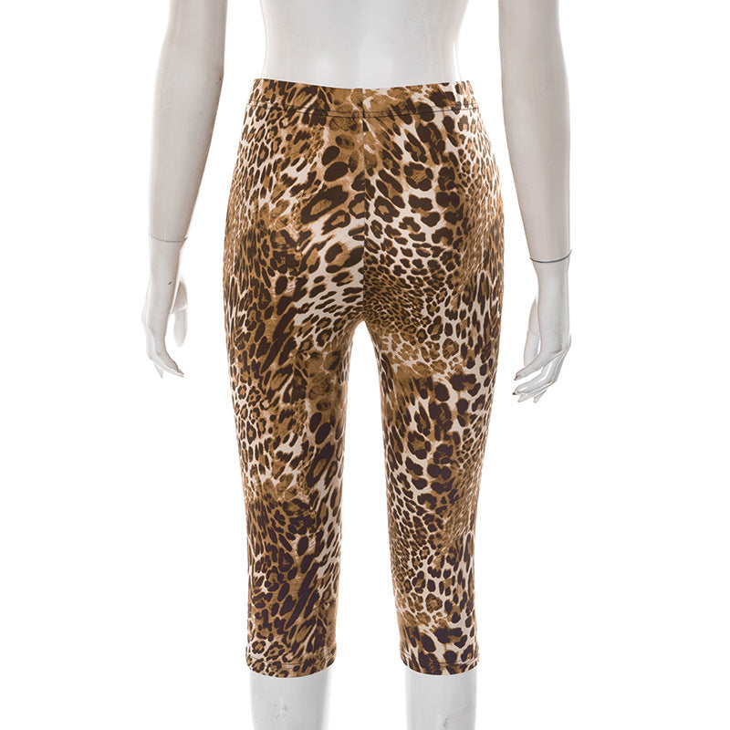 Summer Women's Sexy Tight-Fitting Leopard Print Striped Five-Point Shorts Casual Pants 7