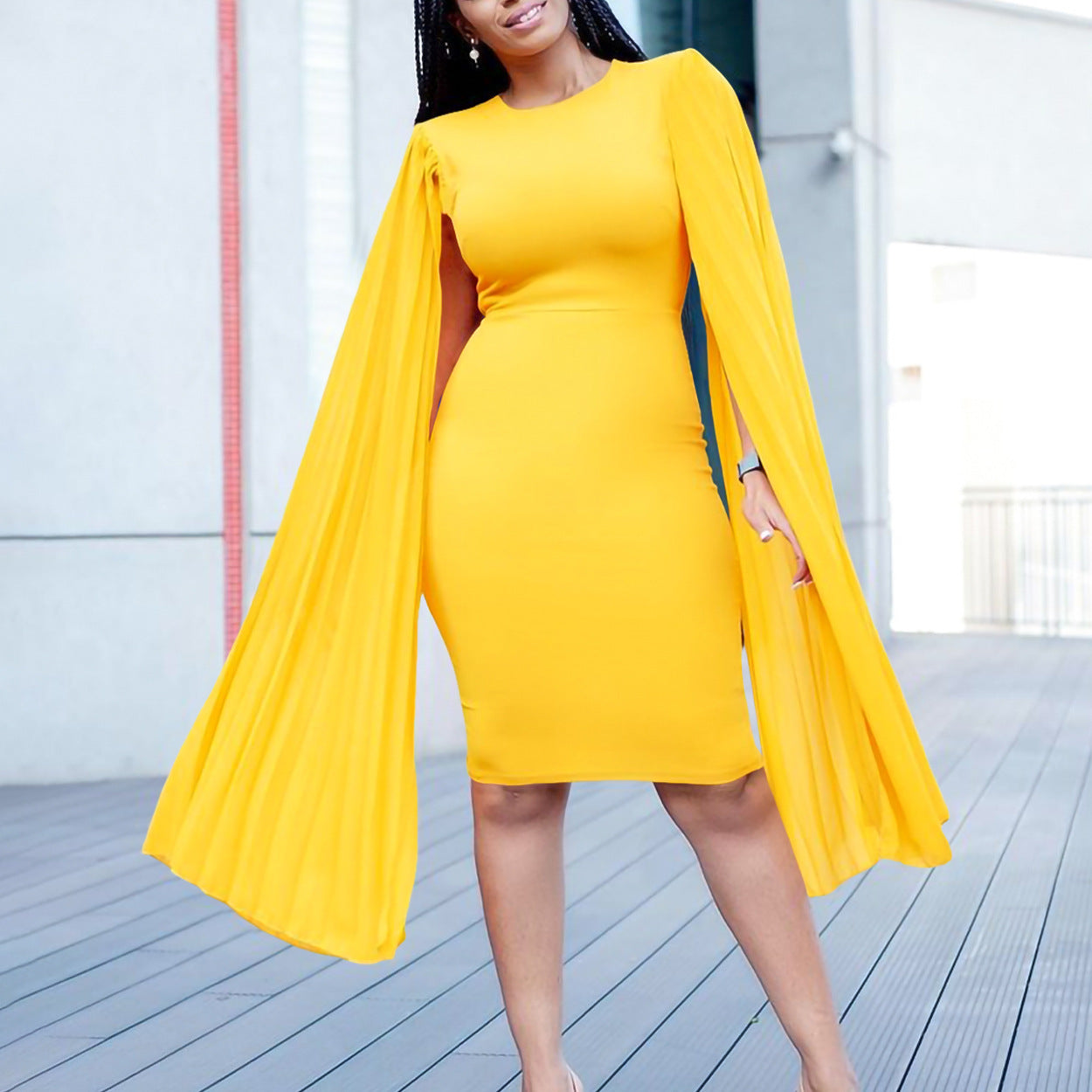 Women's Fashion Solid Color Round Neck Pleated Shawl Sleeve Formal Party Evening Dress 10